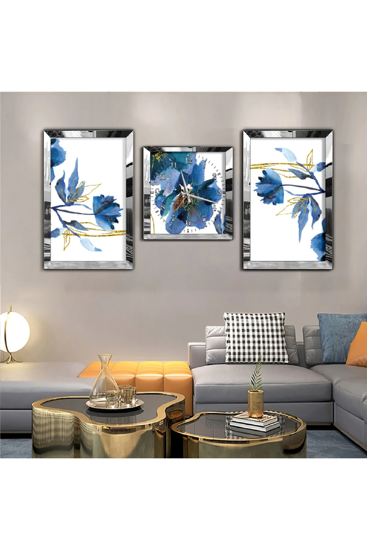 Özel Tasarım Mavi Çiçek Aynalı Gold Pleksi Çerçeveli MDF Tablo Ve Saat Seti
