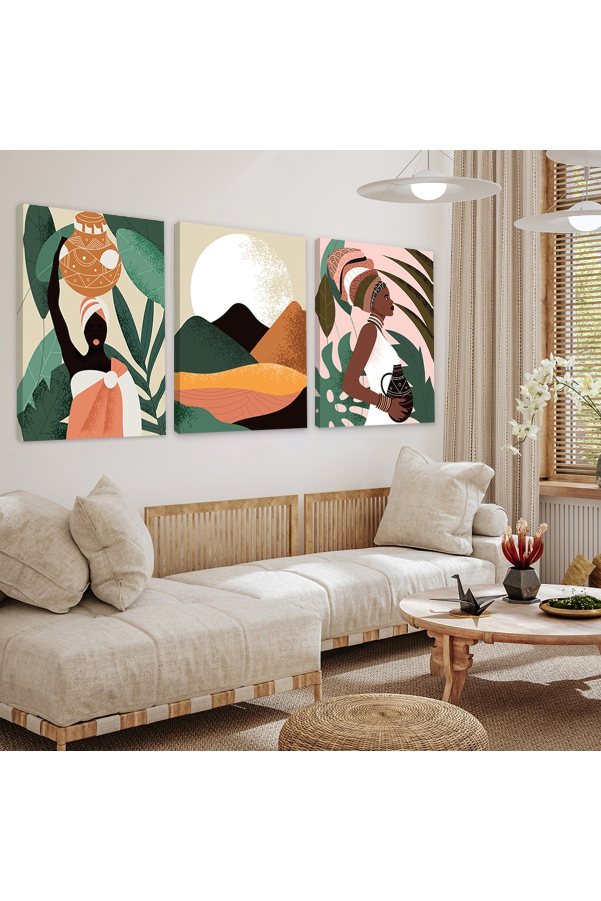Renkli Minimalist Soyut Desen 3'Lü Ahşap Şase Dijital Baskı Kanvas Tablo