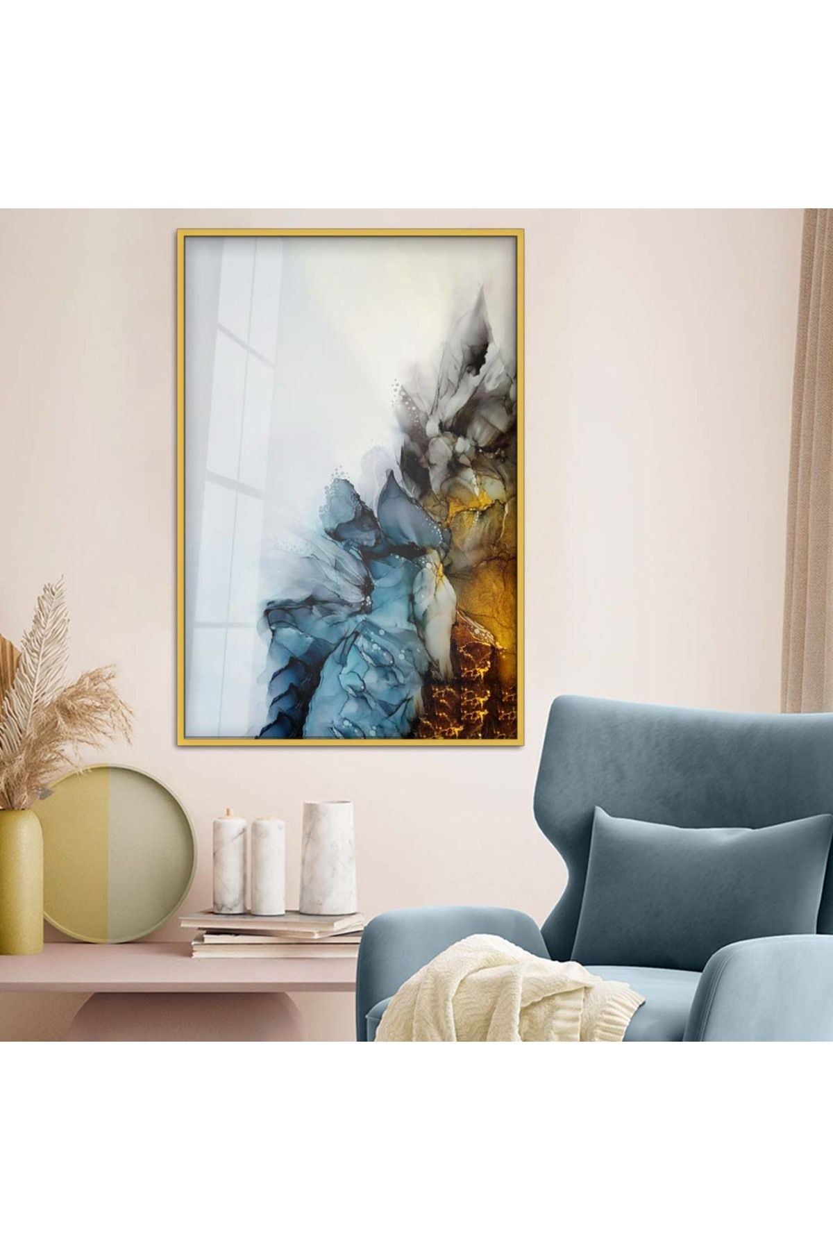 Gold Metal Çerçeveli Modern Çizim Soyut Tema Kırılmaz Cam Tablo