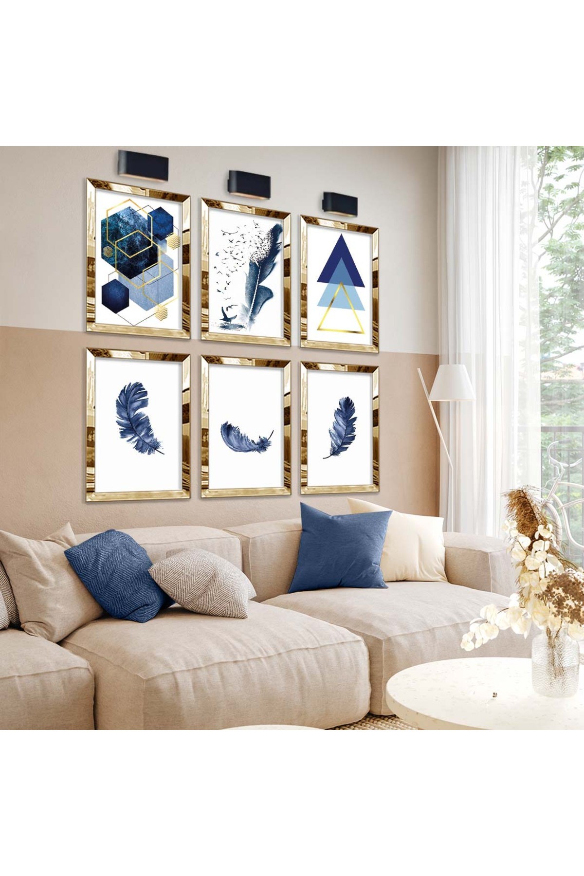 Mavi Tüy Ve Geometrik Desen 6'Lı Pleksi Kenar Solmaz MDF Tablo Seti