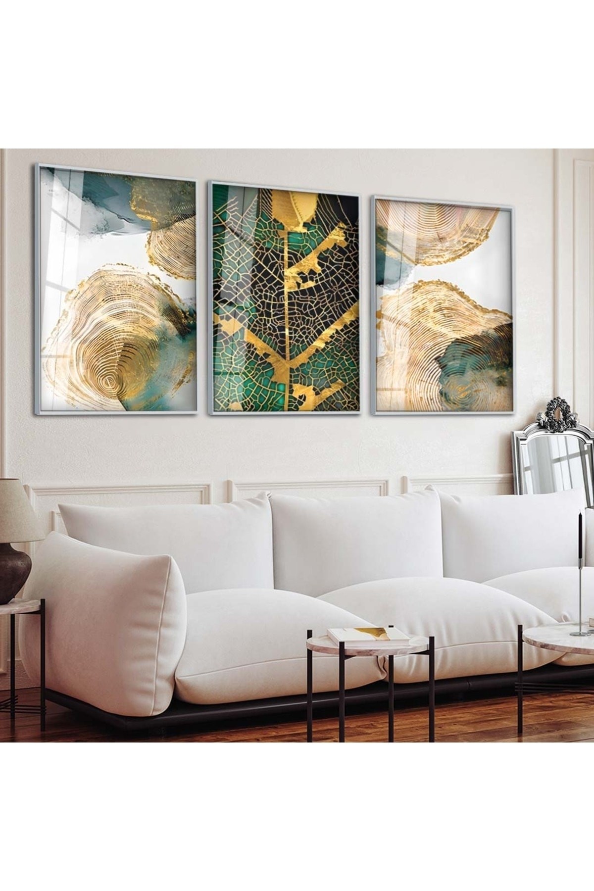 Modern Minimalist Kolaj Çizim 3'Lü Metal Çerçeveli UV Baskı Kırılmaz Cam Tablo Seti