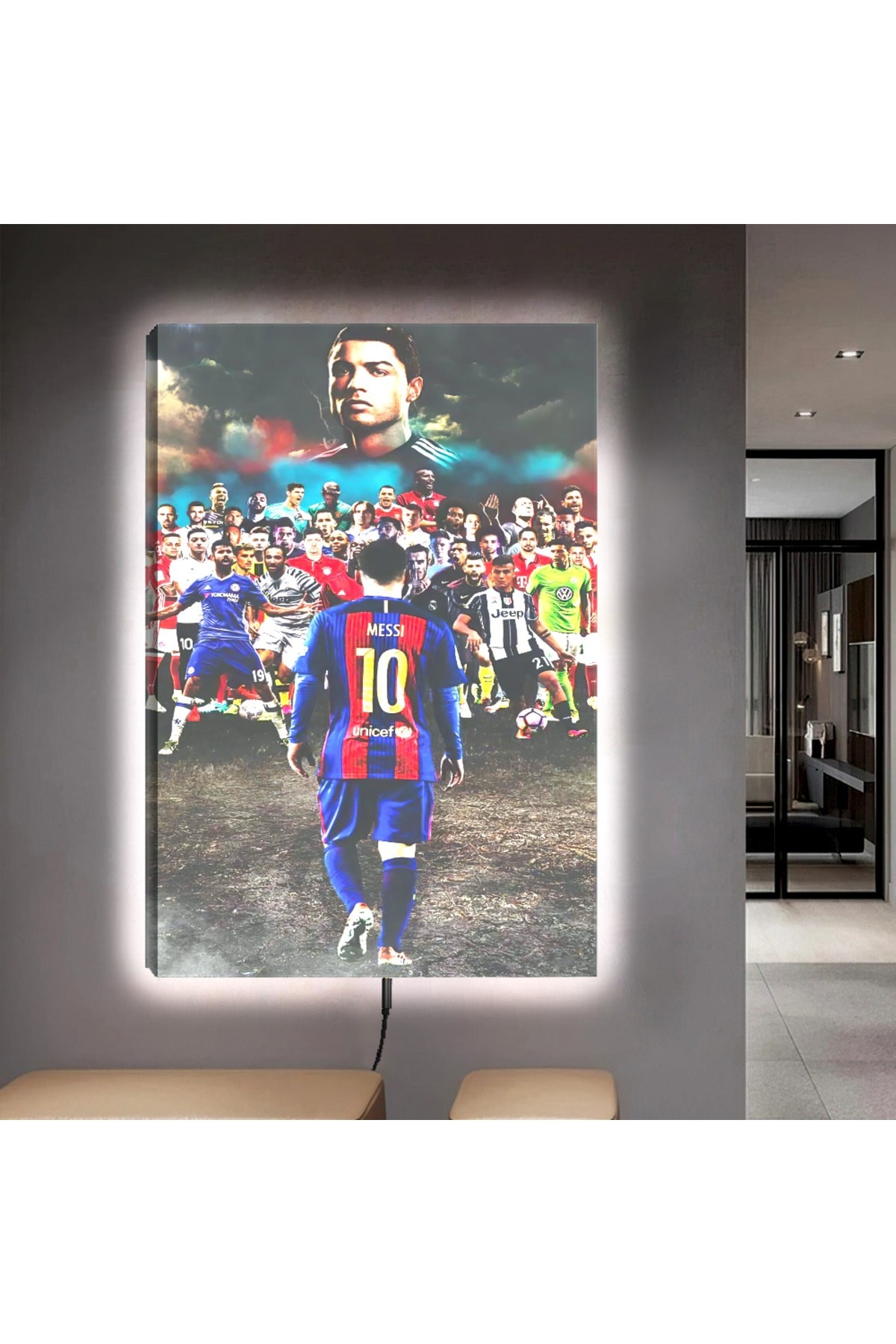 Ledli Lionel Messi Ahşap Şase Dijital Baskı Kanvas Tablo 90X60Cm