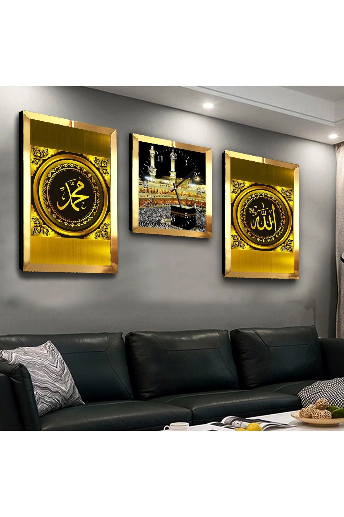 Gold Aynalı Pleksi Çerçeveli Hz Muhammed Allah Lafzı Ve Kabe Üçlü Mdf Tablo Seti Ve Saat Seti