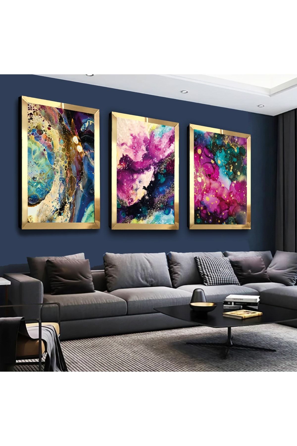 Gold Aynalı Pleksi Çerçeveli Renkli Modern Üçlü Mdf Tablo Seti