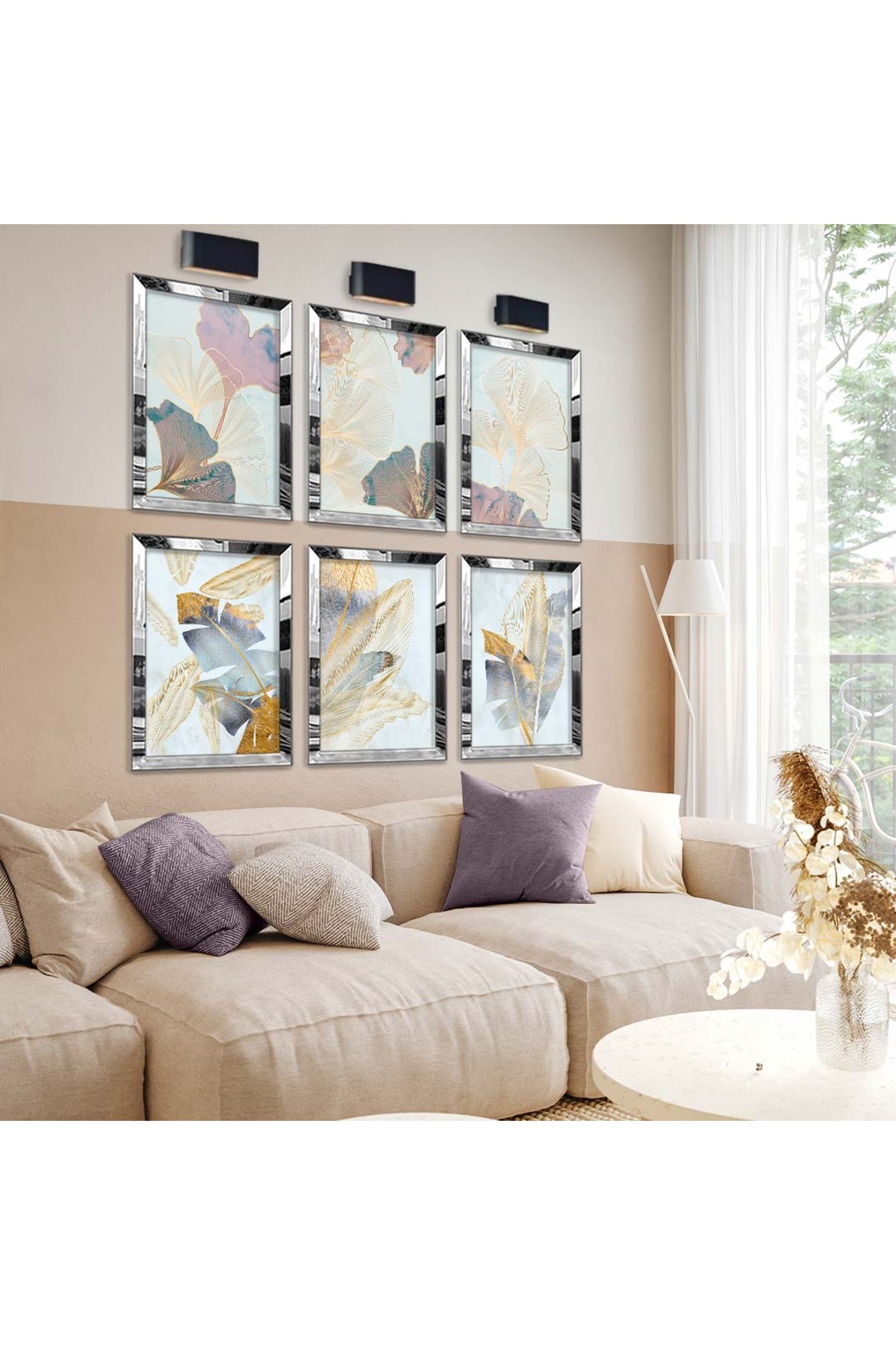 Modern Tablo Çizim Çiçek Desen 6'Lı Pleksi Kenar Solmaz MDF Tablo Seti