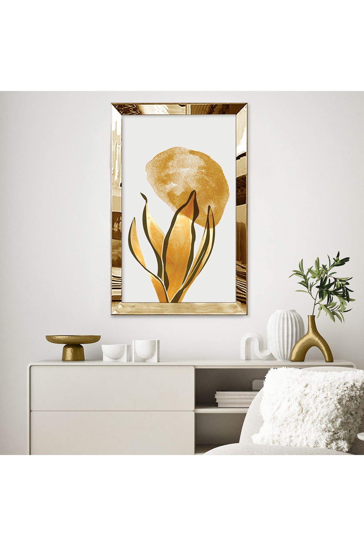 Gold Aynalı Pleksi Çerçeveli Minimal Altın Renkli Yaprak Mdf Tablo