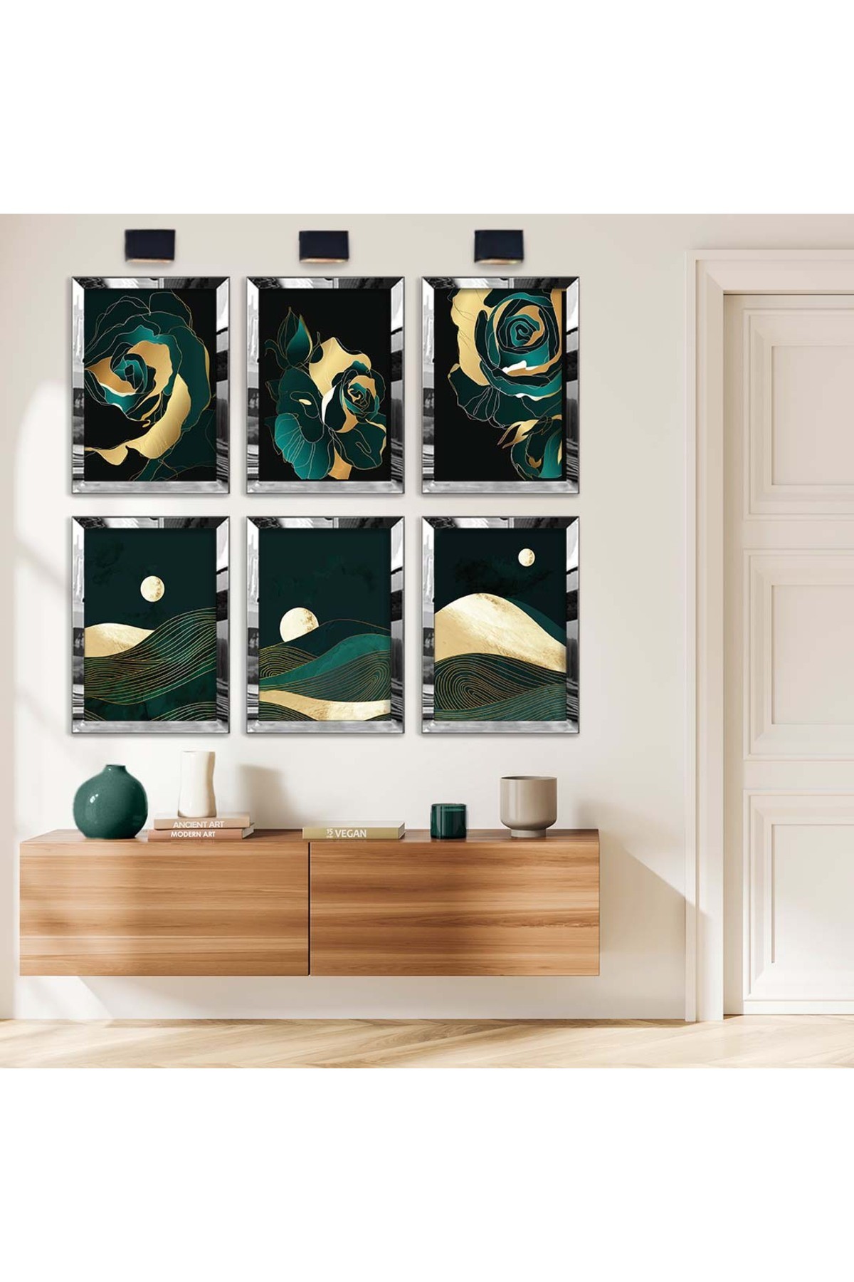 Gold Çiçek Desen Ve Kolaj Çizim 6'Lı Pleksi Kenar Solmaz MDF Tablo Seti