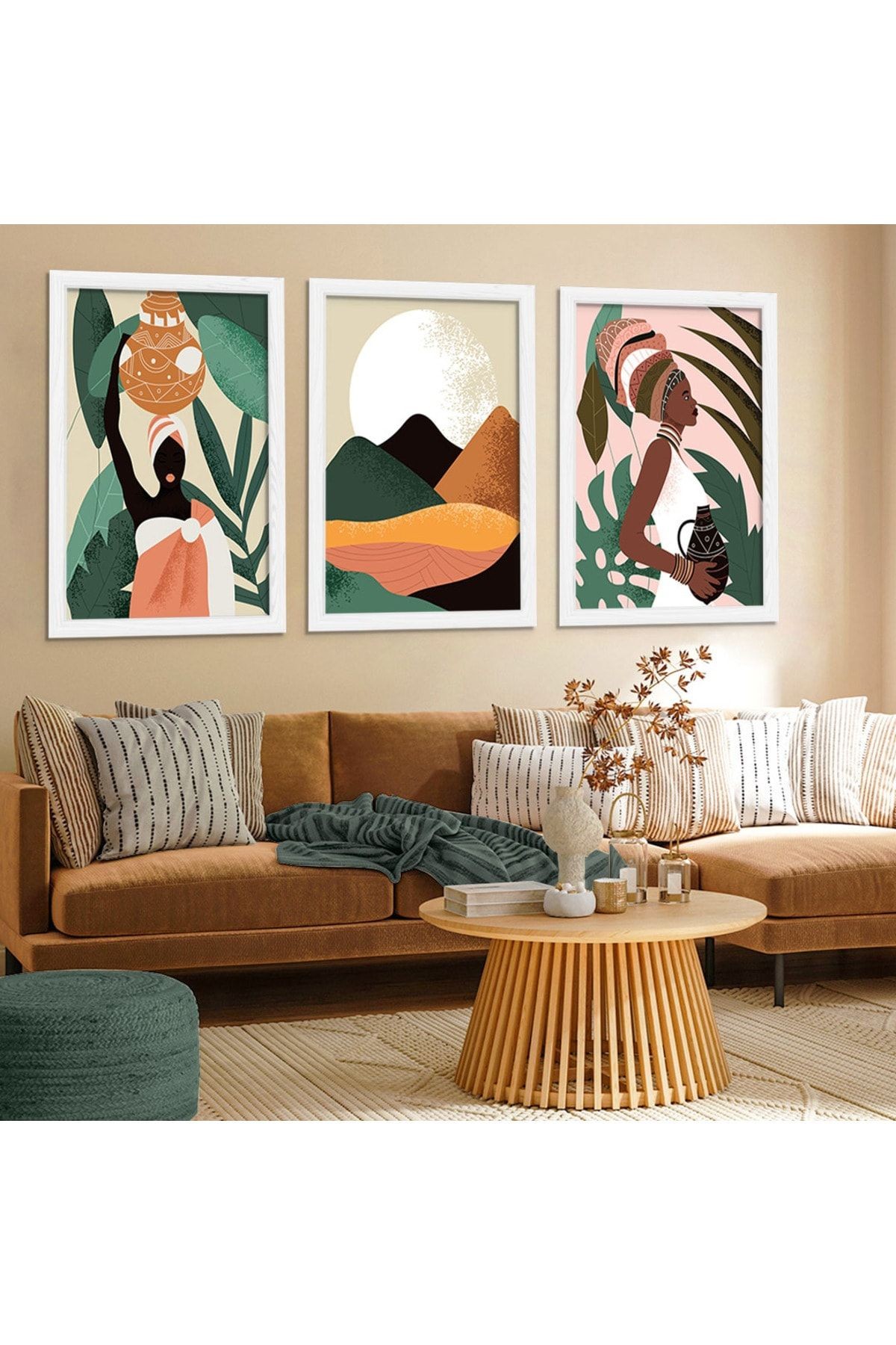 Beyaz Ahşap Çerçeveli Kolaj Çizim Modern Tablo