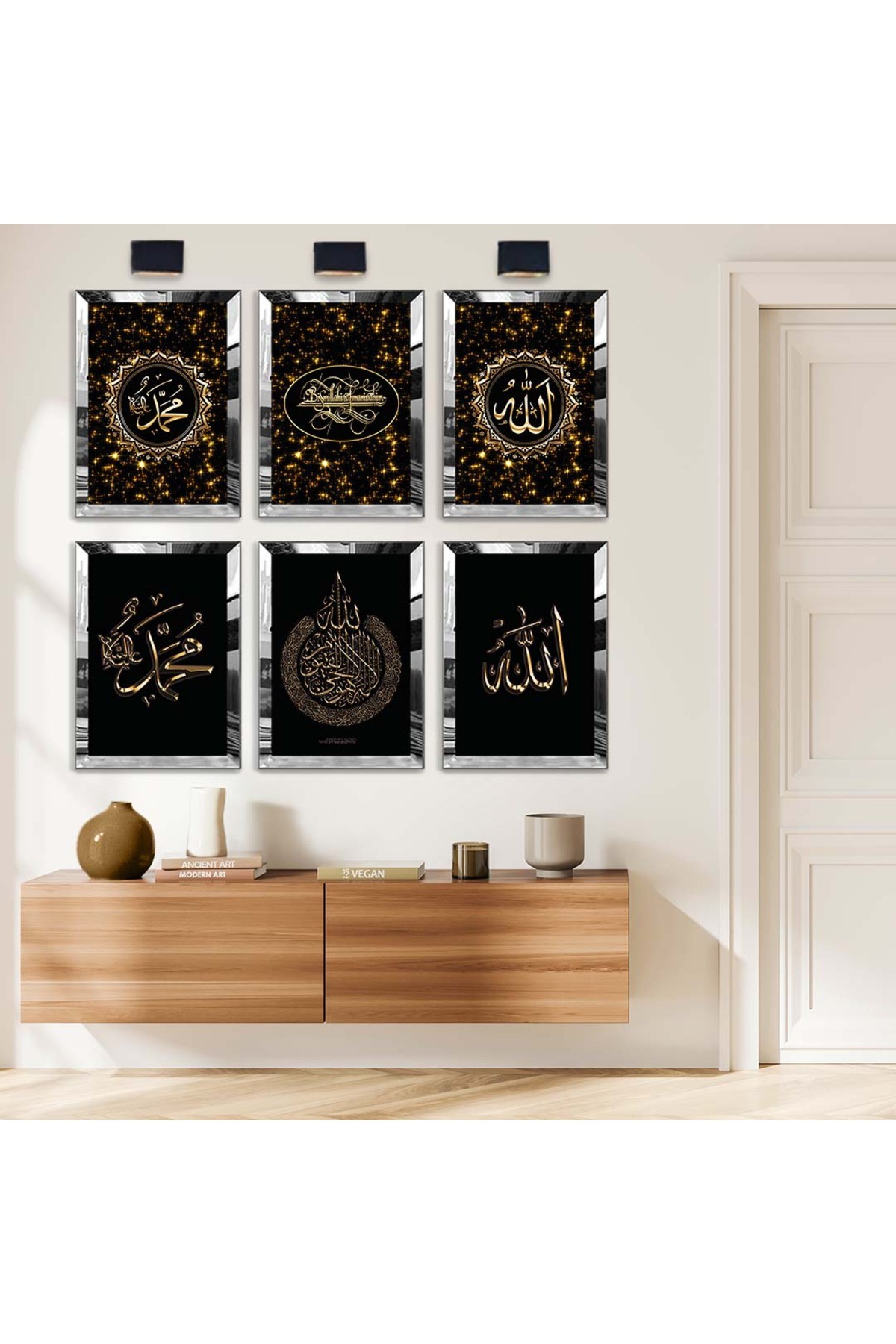 Besmele Ve Allah Lafzı Dini Model 6'Lı Pleksi Kenar Solmaz MDF Tablo Seti
