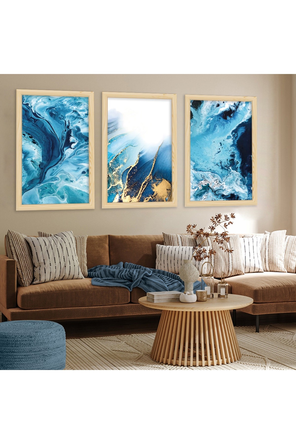 Minimalist Ahşap Çerçeveli Mavi Renk Modern Tablo