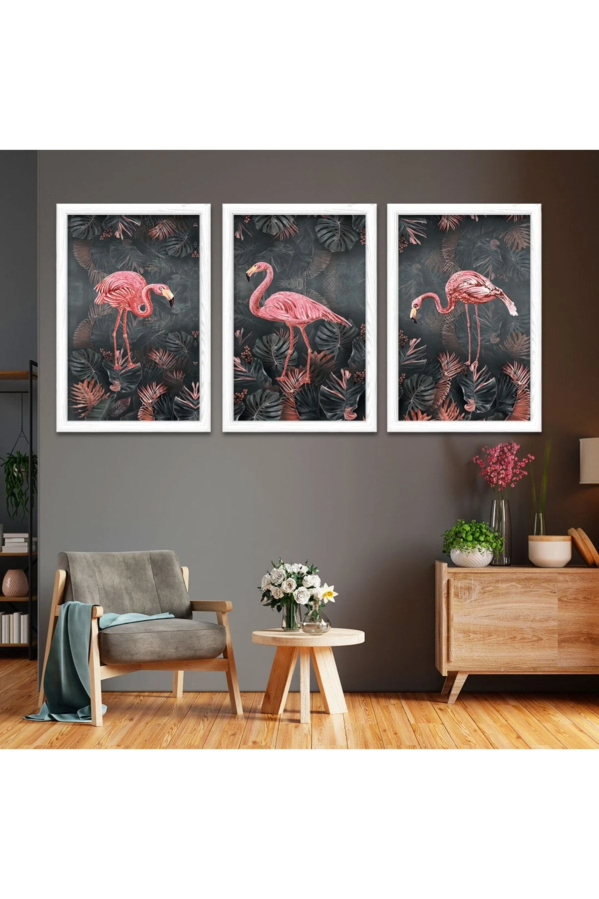 Beyaz Ahşap Çerçeveli Flamingo Tablosu