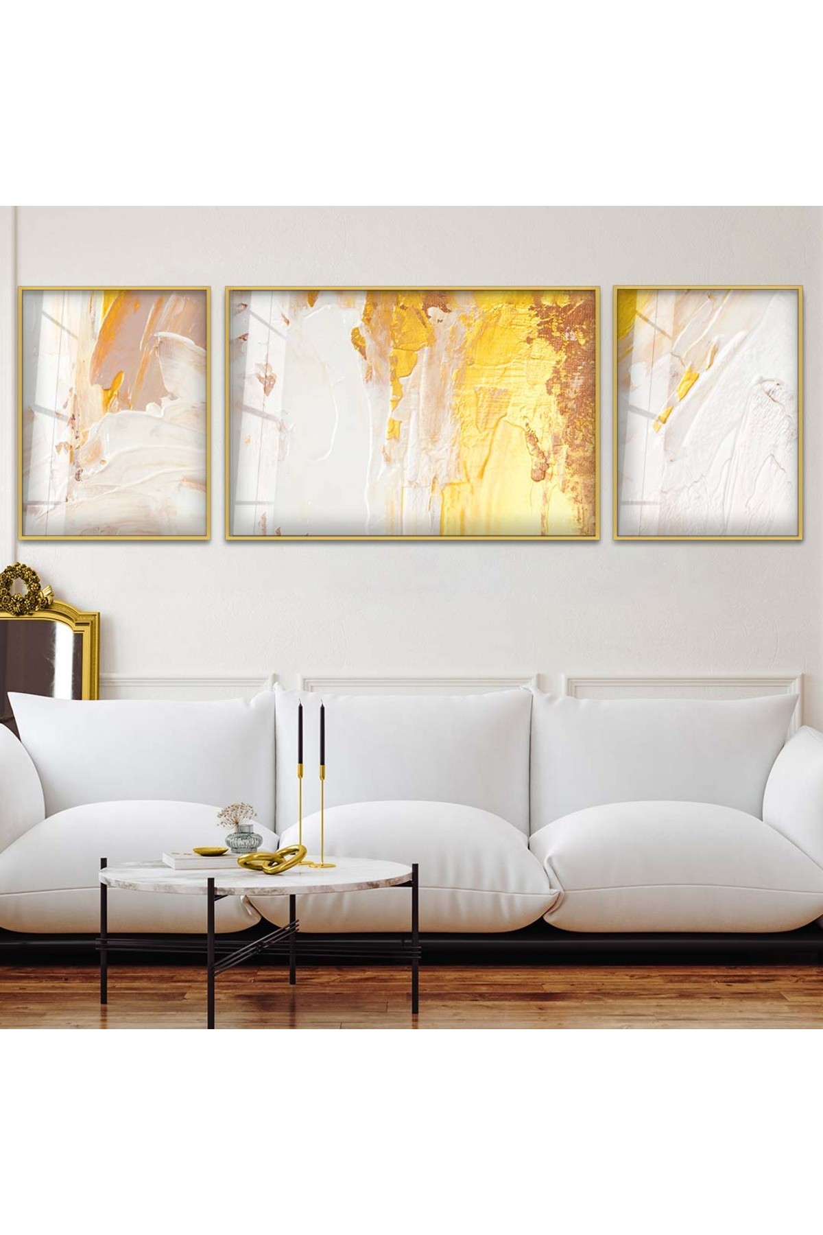 Minimalist Tasarım Çizim Soyut Desen 3'Lü Metal Çerçeveli UV Baskı Kırılmaz Cam Tablo