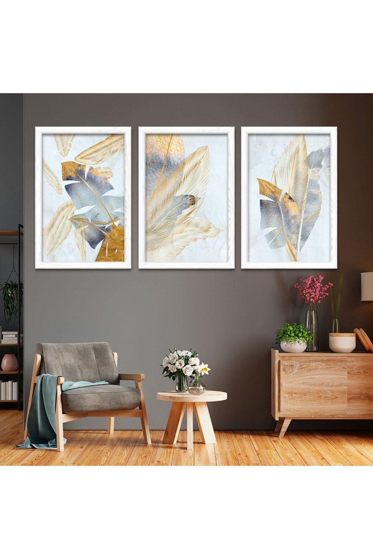 Beyaz Ahşap Çerçeveli Kolaj Çizim Modern Tablo