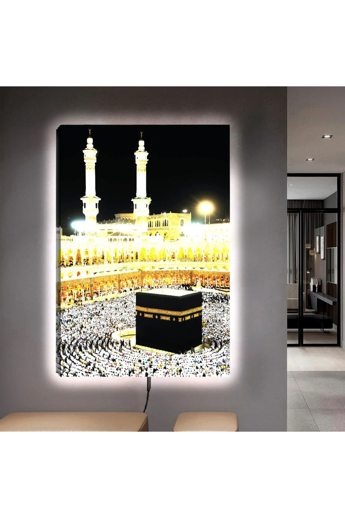 Kanvas Sarı Ve Beyaz Işıklandırmalı Kabe Dini Ledli Tablo