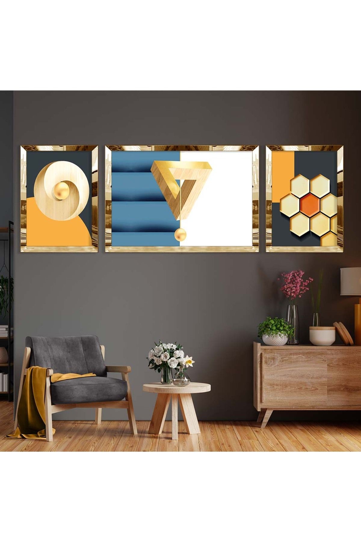 Gold Aynalı Pleksi Çerçeveli Üçlü Beyaz Arka Planlı Soyut Üçgen Desenli Mdf Tablo Seti