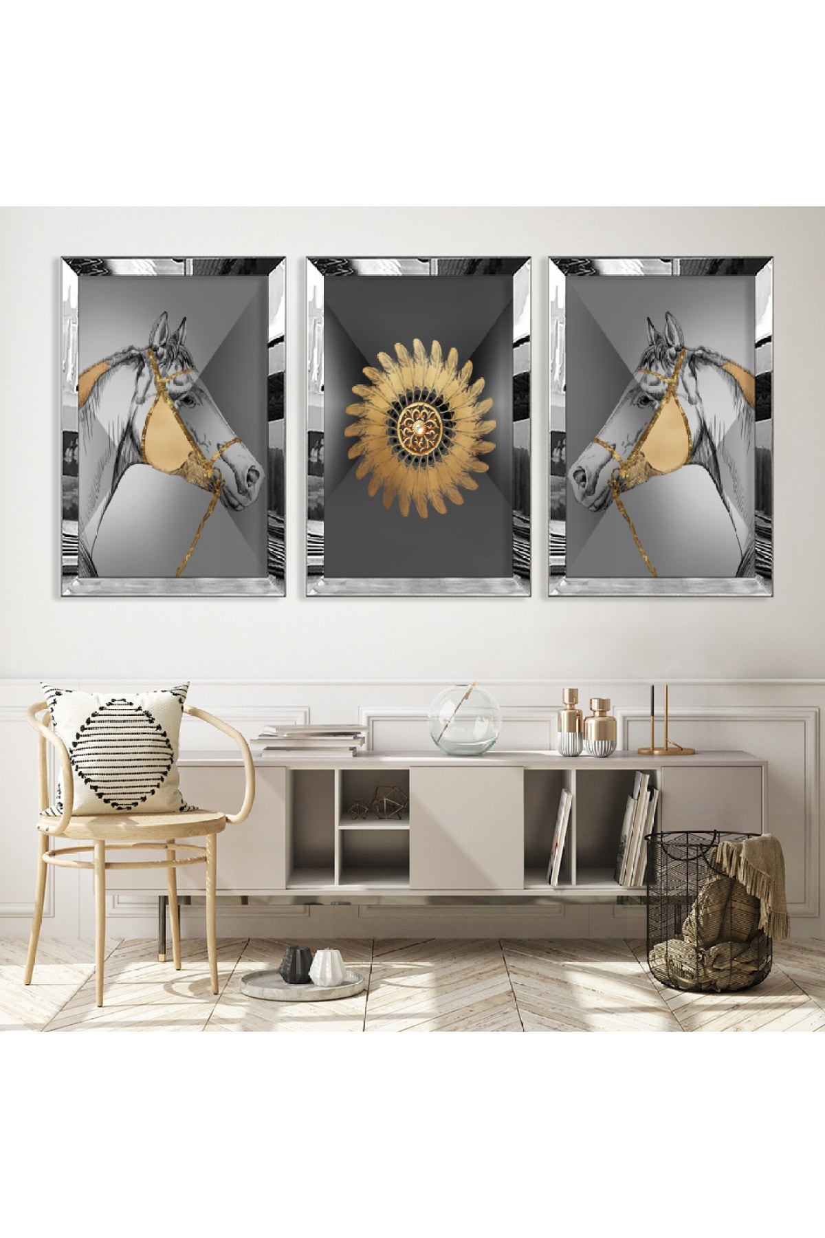 Salon Tablosu Soyut Desen Gold Pleksi Kenar Solmaz MDF Tablo
