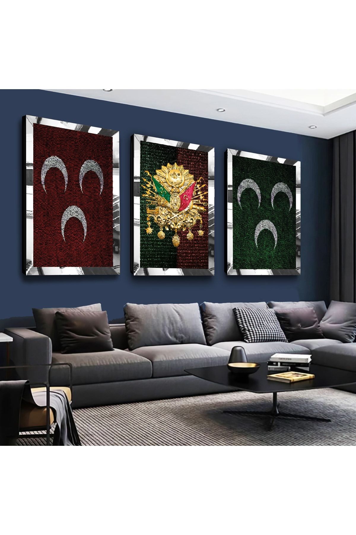 Gold Aynalı Pleksi Çerçeveli 3hilal Ve Osmanlı Tuğrası Üçlü Mdf Tablo Seti