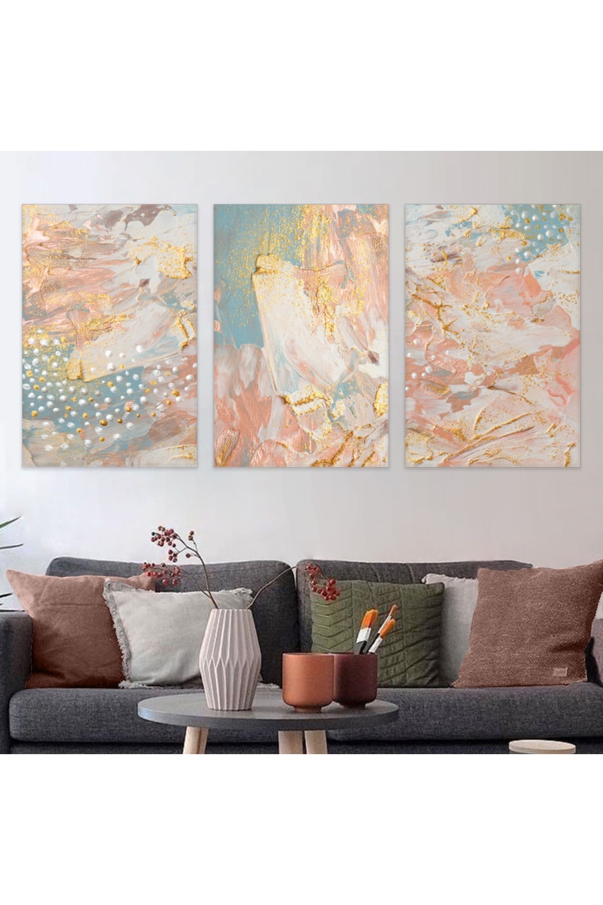 Renkli Sanat Tablosu Soyut Desen 3'Lü Ahşap Şase Dijital Baskı Kanvas Tablo