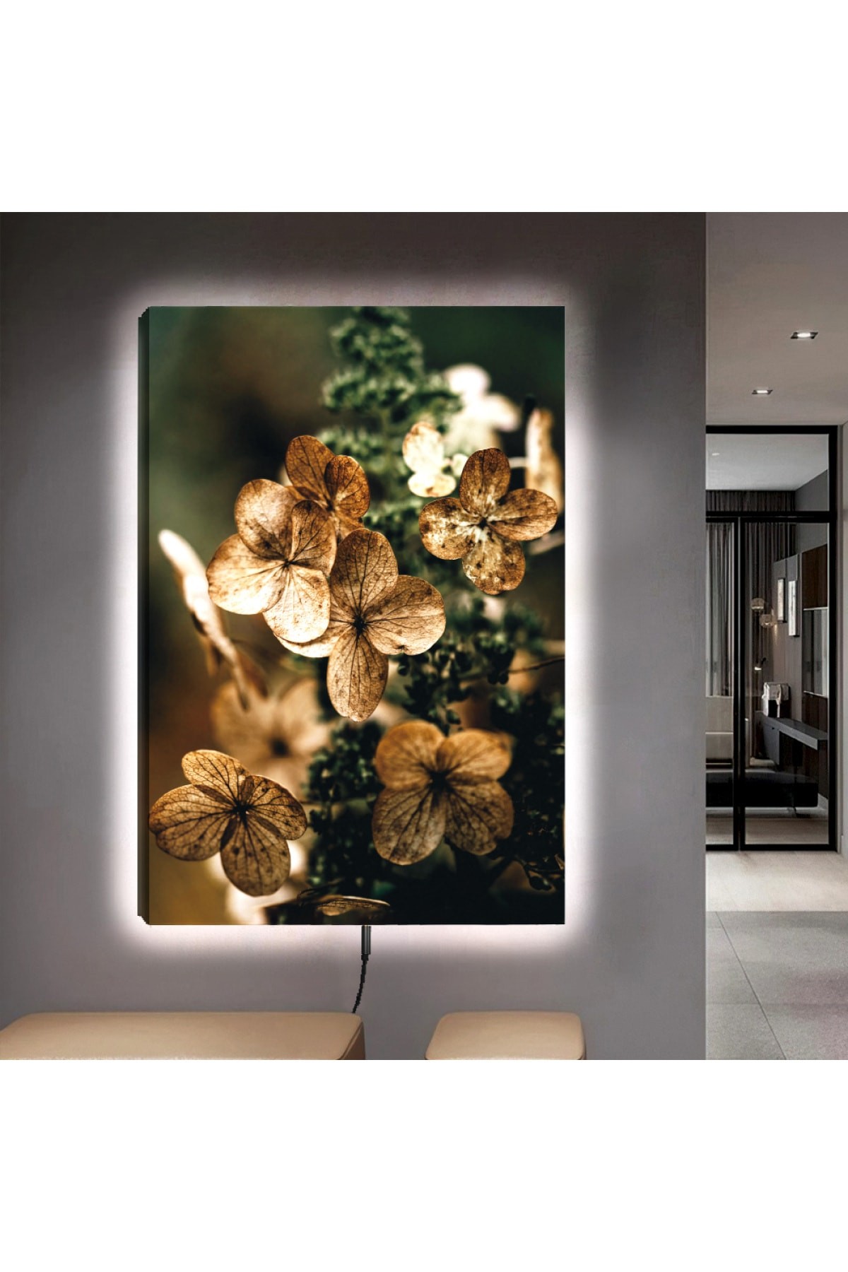 Ledli Kurumuş Çiçek Ahşap Şase Dijital Baskı Kanvas Tablo 90X60Cm