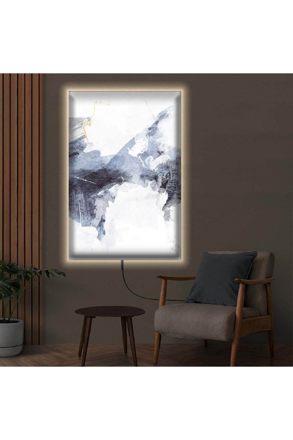 Tasarım Sanatsal Ledli Soyut Desen Ahşap Şase Dijital Baskı Kanvas Tablo 90X60Cm