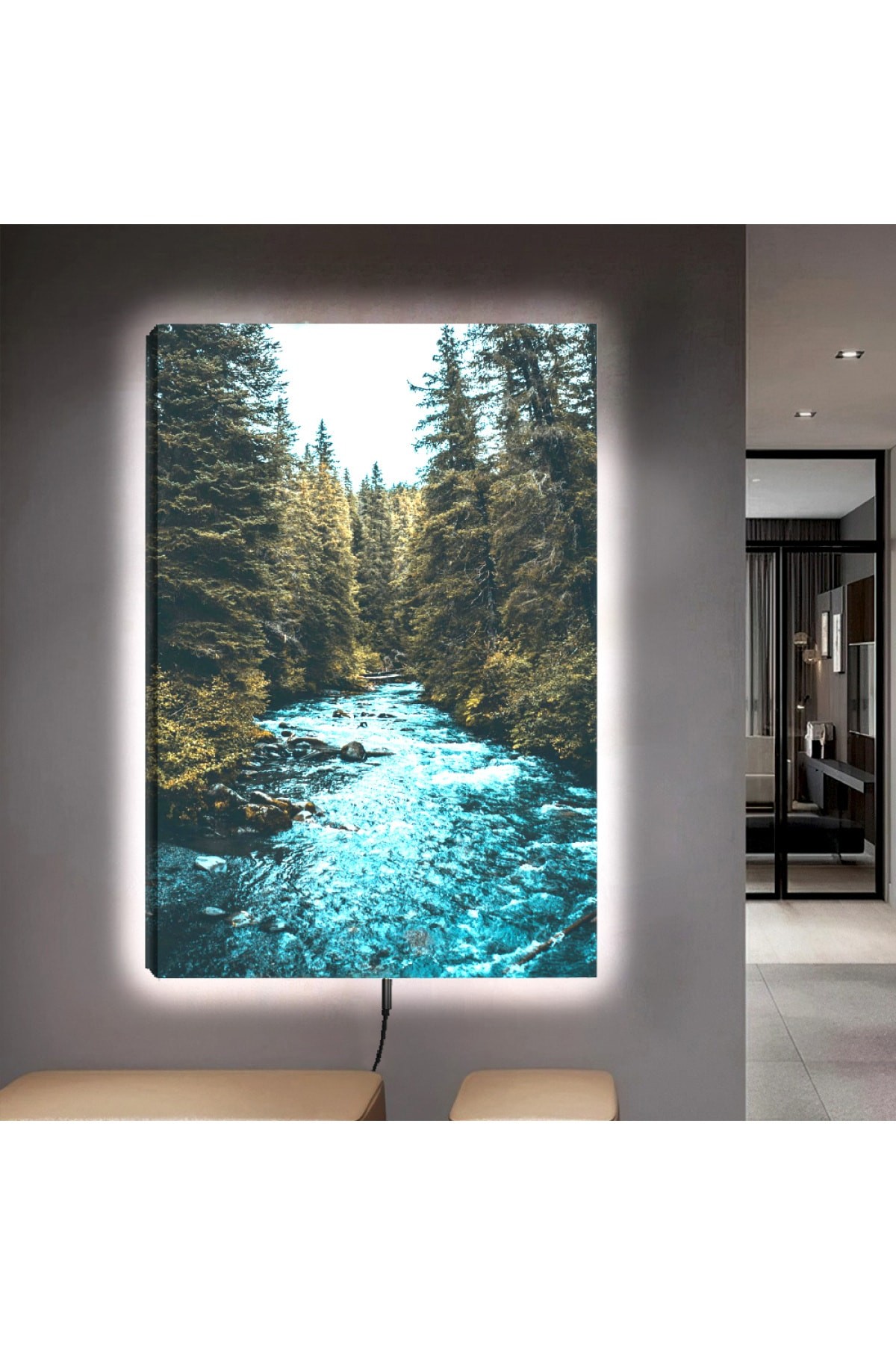 Renkli Ledli Dağ Manzara Ahşap Şase Dijital Baskı Kanvas Tablo 90X60Cm