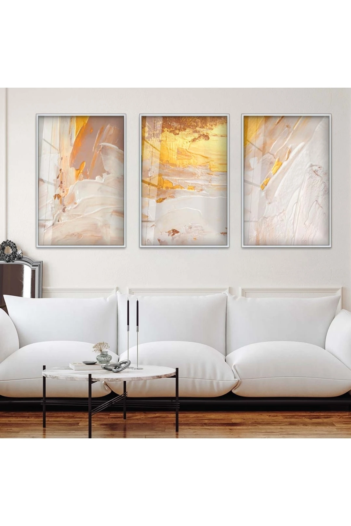 Ofis Tablosu Soyut Desen 3'Lü Metal Çerçeveli UV Baskı Cam Tablo Seti