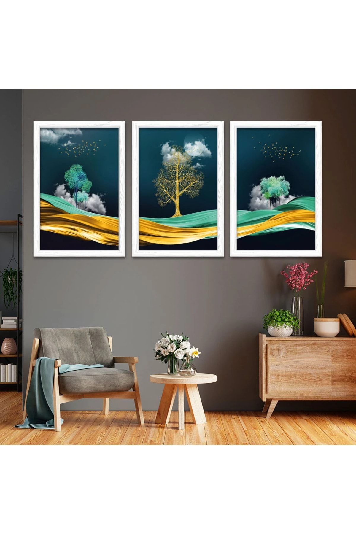 Beyaz Ahşap Çerçeveli Kolaj Çizim Ağaç Tablo