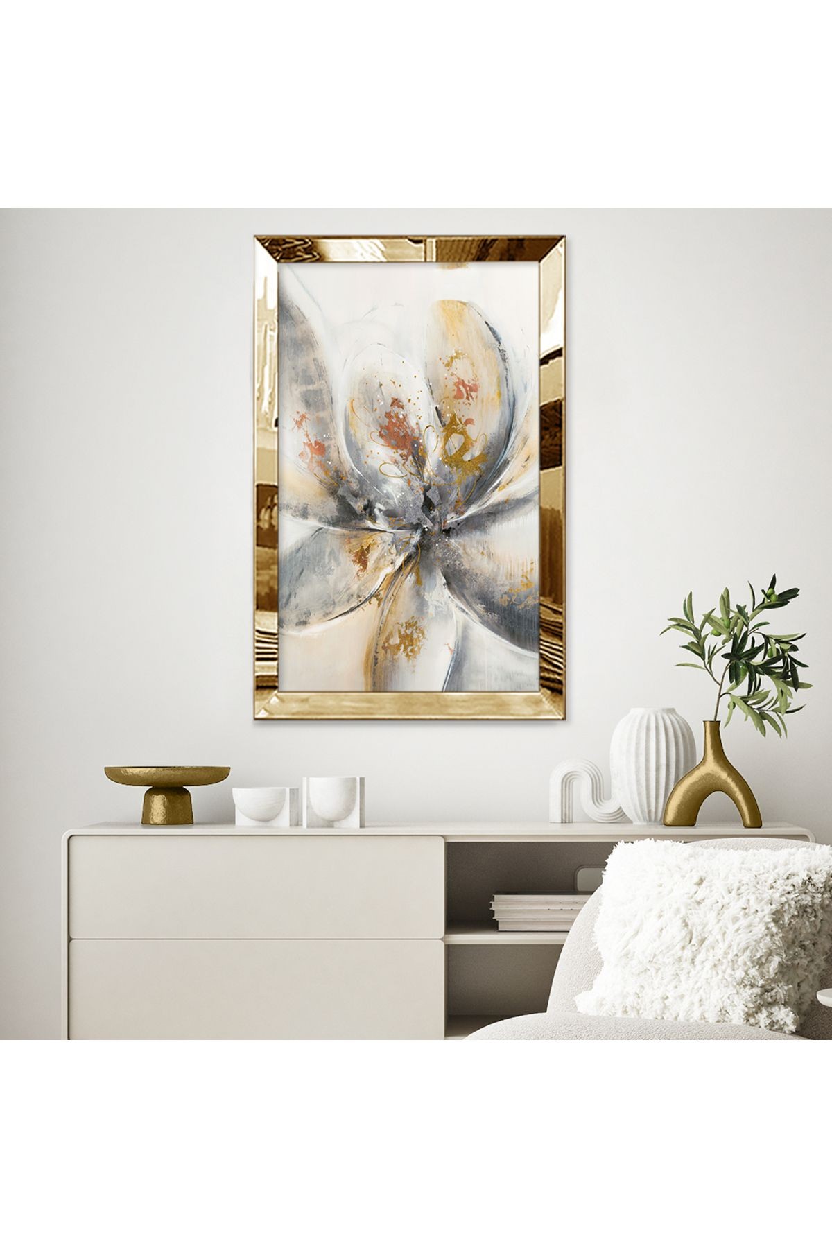 Gold Aynalı Pleksi Çerçeveli Minimalist Beyaz Kahverengi Gri Çiçek Desenlili Soyut Çizim Mdf Tablo