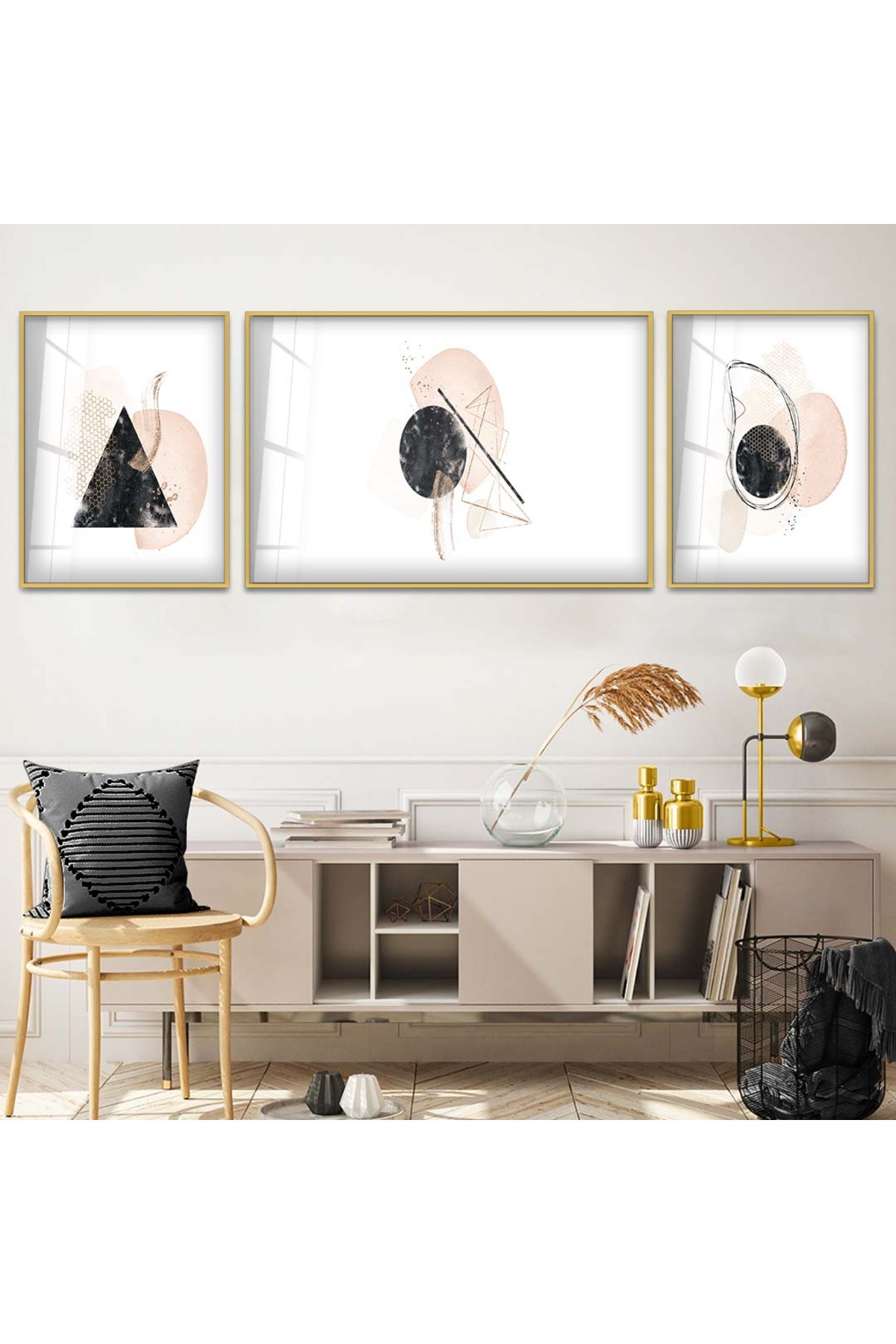 Yaratıcı Modern Çizim 3'Lü Metal Çerçeveli UV Baskı Kırılmaz Cam Tablo
