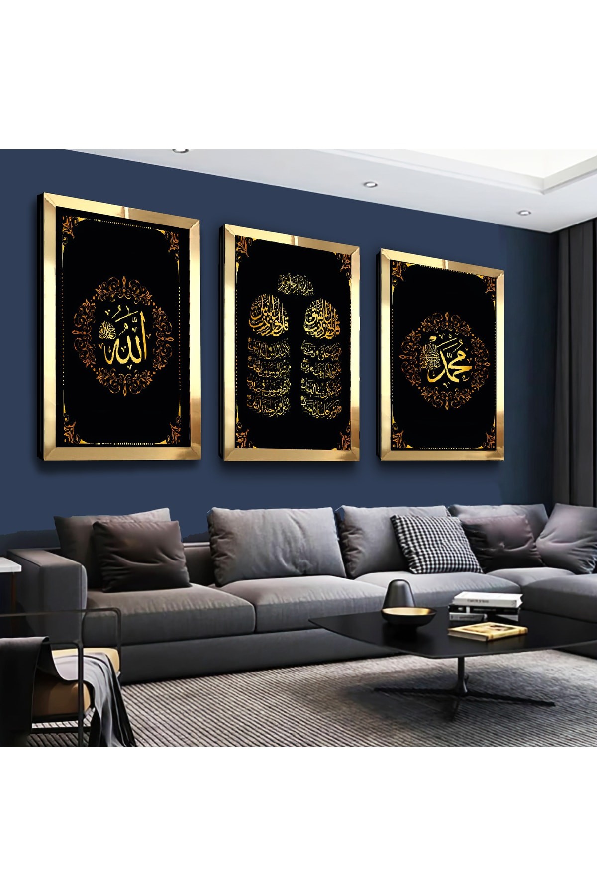 Dini ve İslami Tablo Allah Muhammed Lafzı Gold Pleksi Kenar 3'Lü MDF Tablo Seti