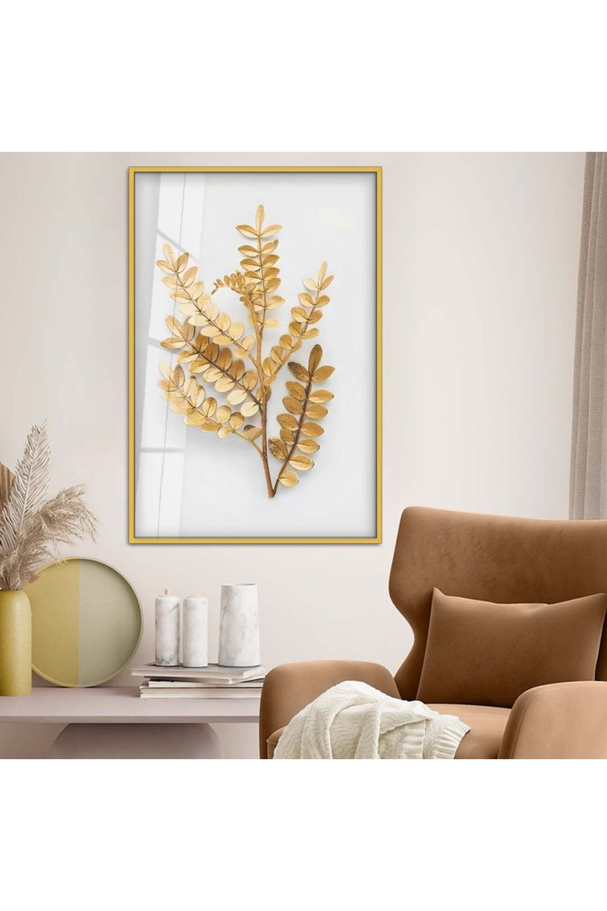 Gold Metal Çerçeveli Yaprak Desen Kırılmaz Cam Tablo