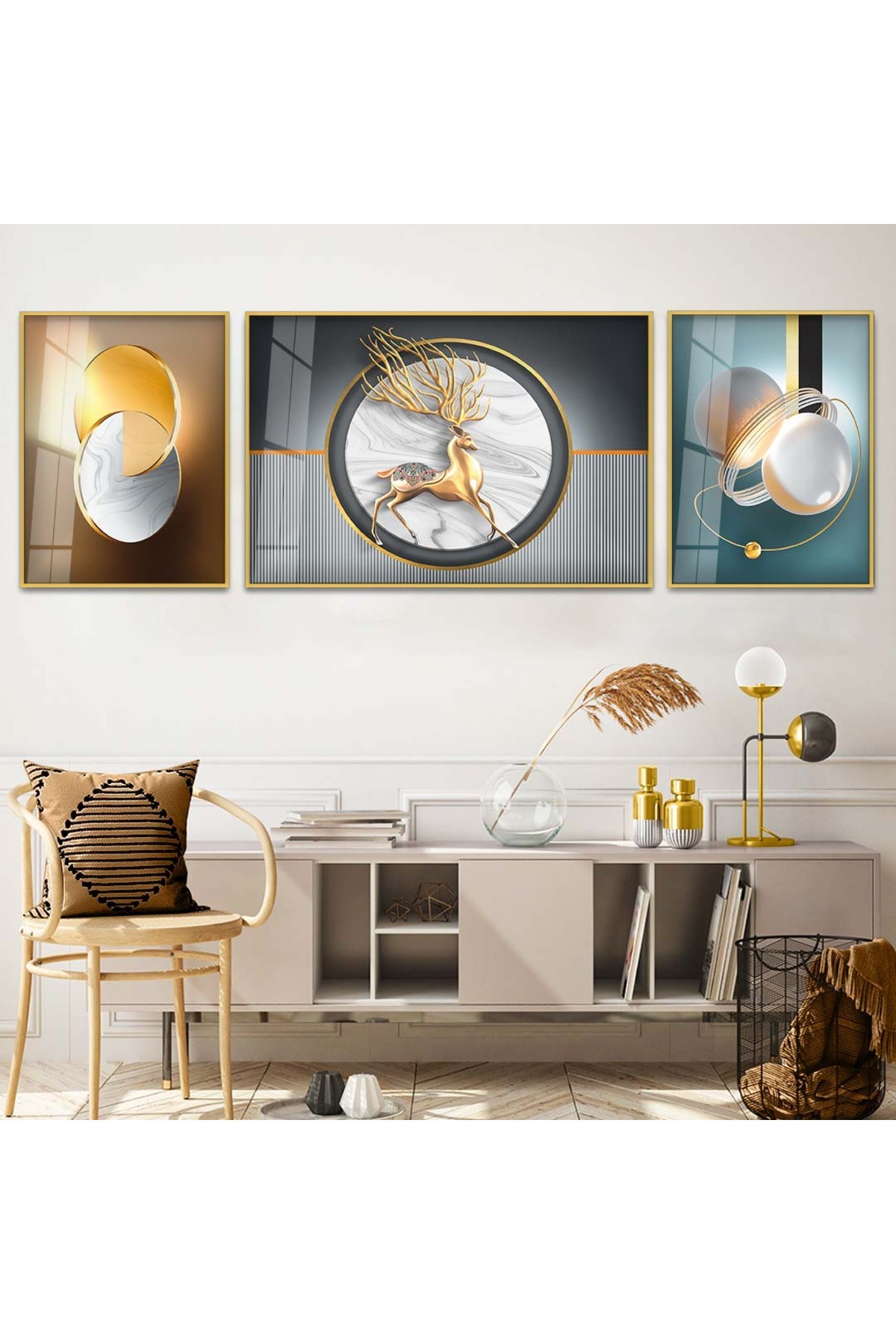 Modern Renkli Çizim Soyut Desen 3'Lü Metal Çerçeveli UV Baskı Kırılmaz Cam Tablo