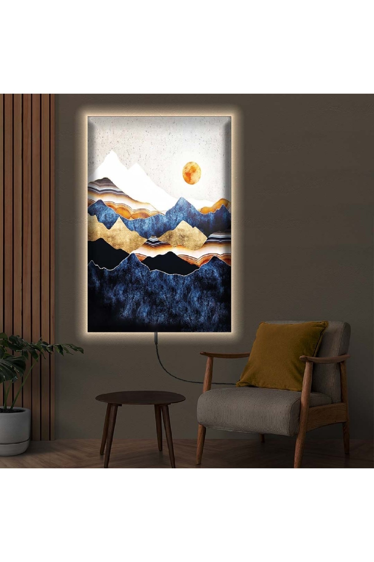 Oturma Odası Tablosu Ledli Kolaj Çizim Ahşap Şase Dijital Baskı Kanvas Tablo 90X60Cm