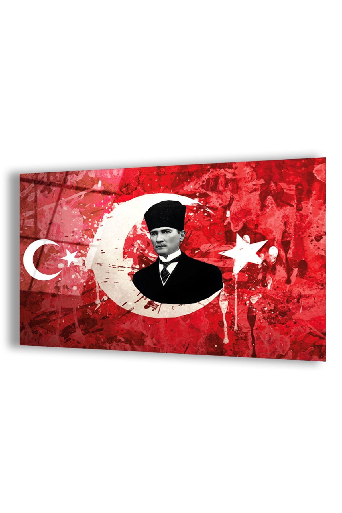 Çerçevesiz Yatay Türk Bayrağı Arka Planlı Mustafa Kemal Atatürk Kırılmaz Cam Tablo