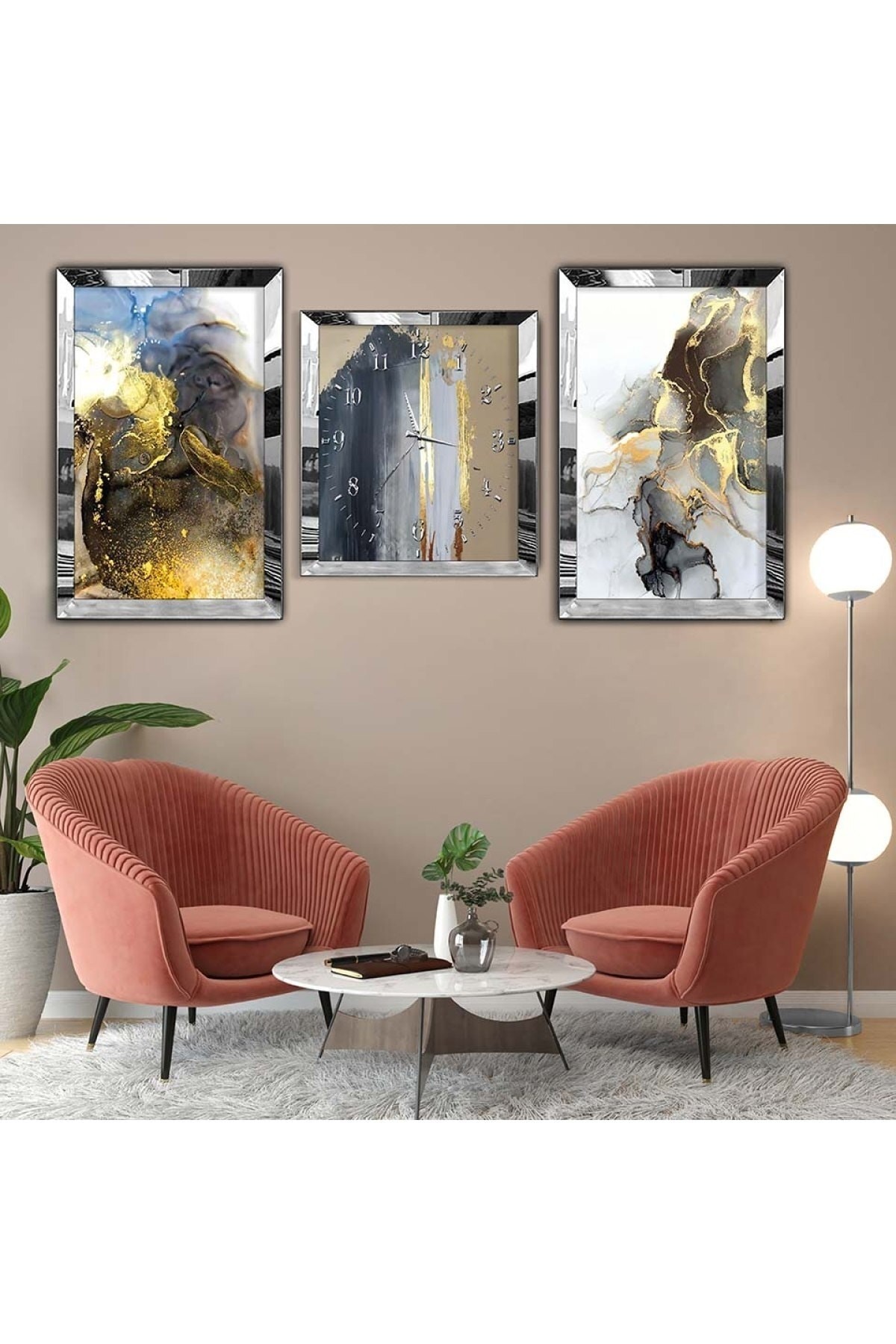 Sanat Tablosu Gümüş Pleksi Kenar 3'Lü Solmaz MDF Tablo Saat Seti