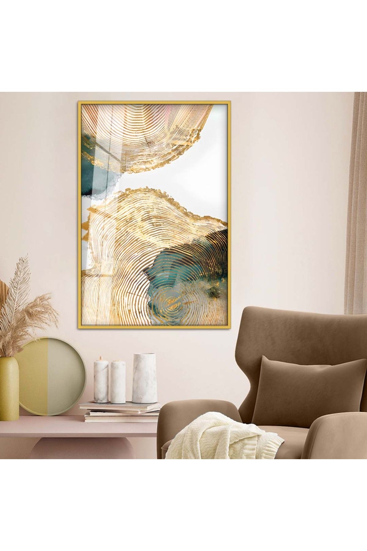 Gold Metal Çerçeveli Soyut Çizim Kırılmaz Cam Tablo