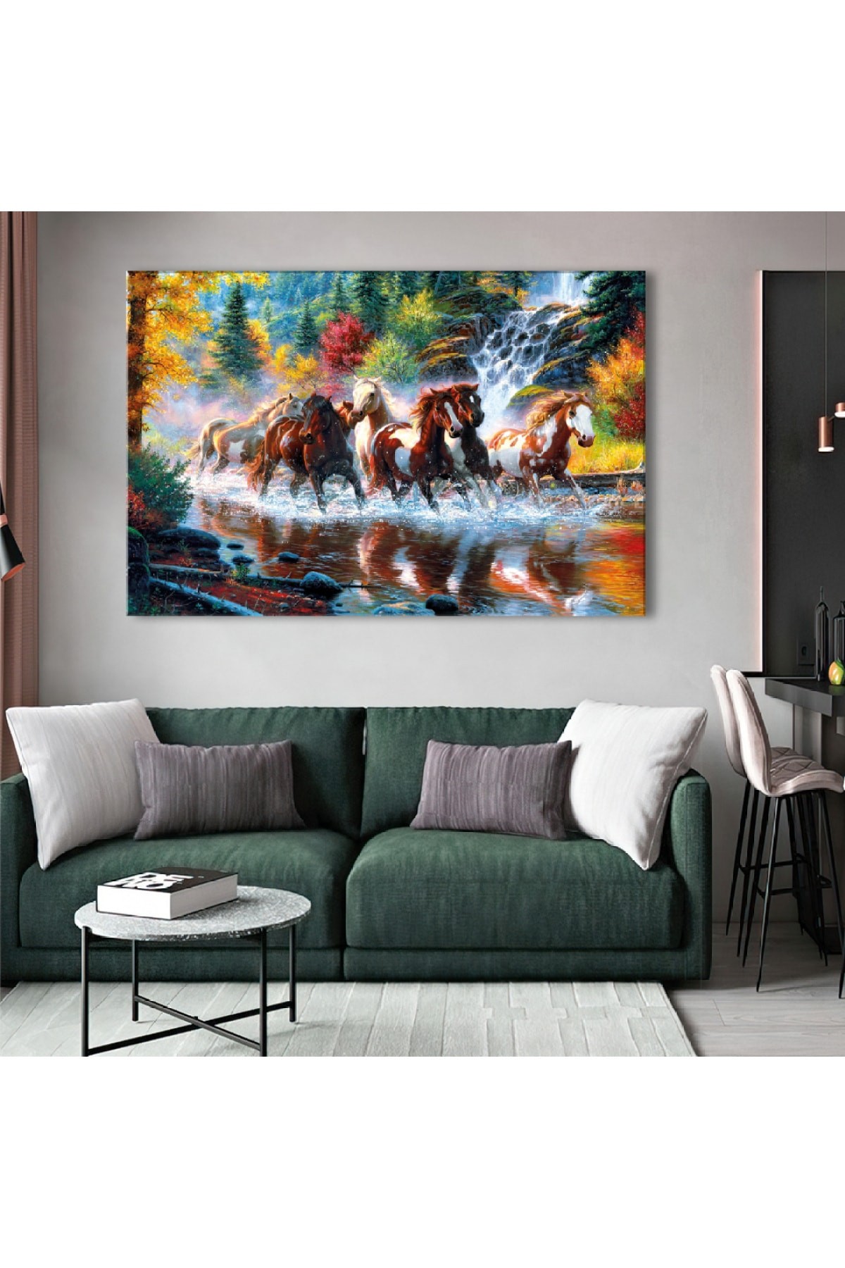 Yağlı Boya Görünümlü Koşan Atlar Ahşap Şase Dijital Baskı Kanvas Tablo 120X80Cm