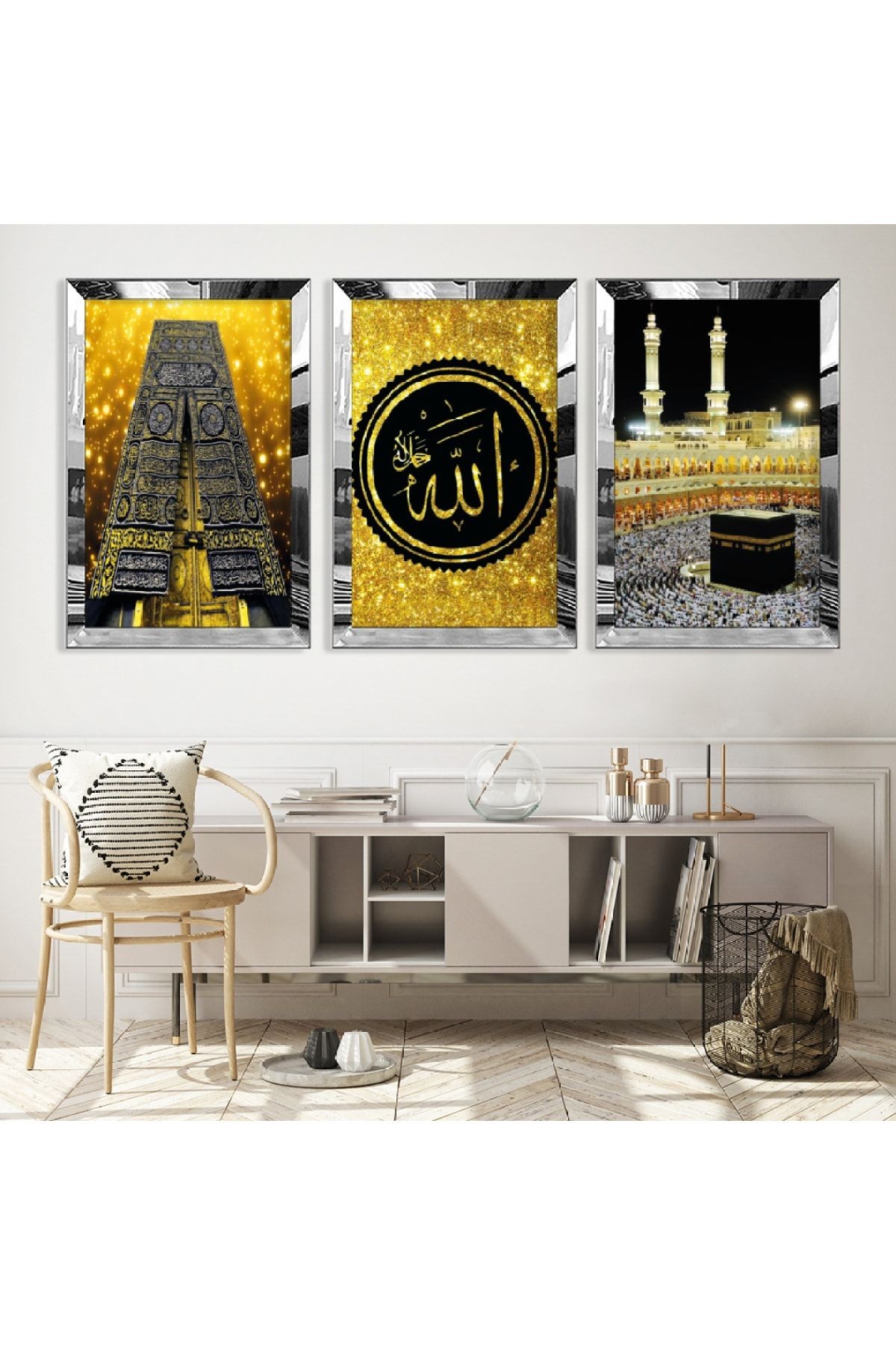 Gold Aynalı Pleksi Çerçeveli Kabe Ve Allah Lafzı Üçlü Mdf Tablo Seti