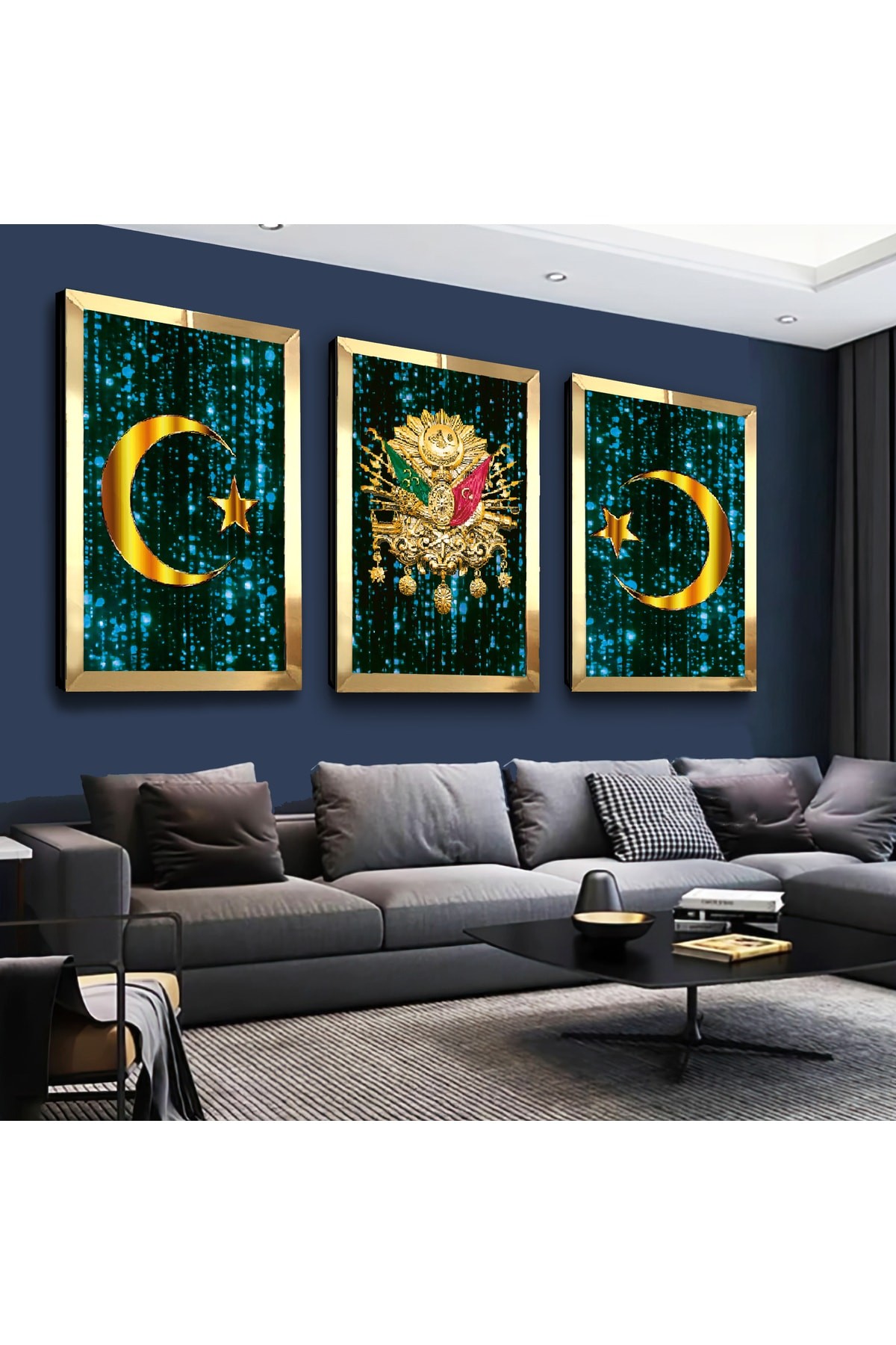 Turkuaz Osmanlı Tuğrası Gold Pleksi Kenar 3'Lü Solmaz MDF Tablo Seti