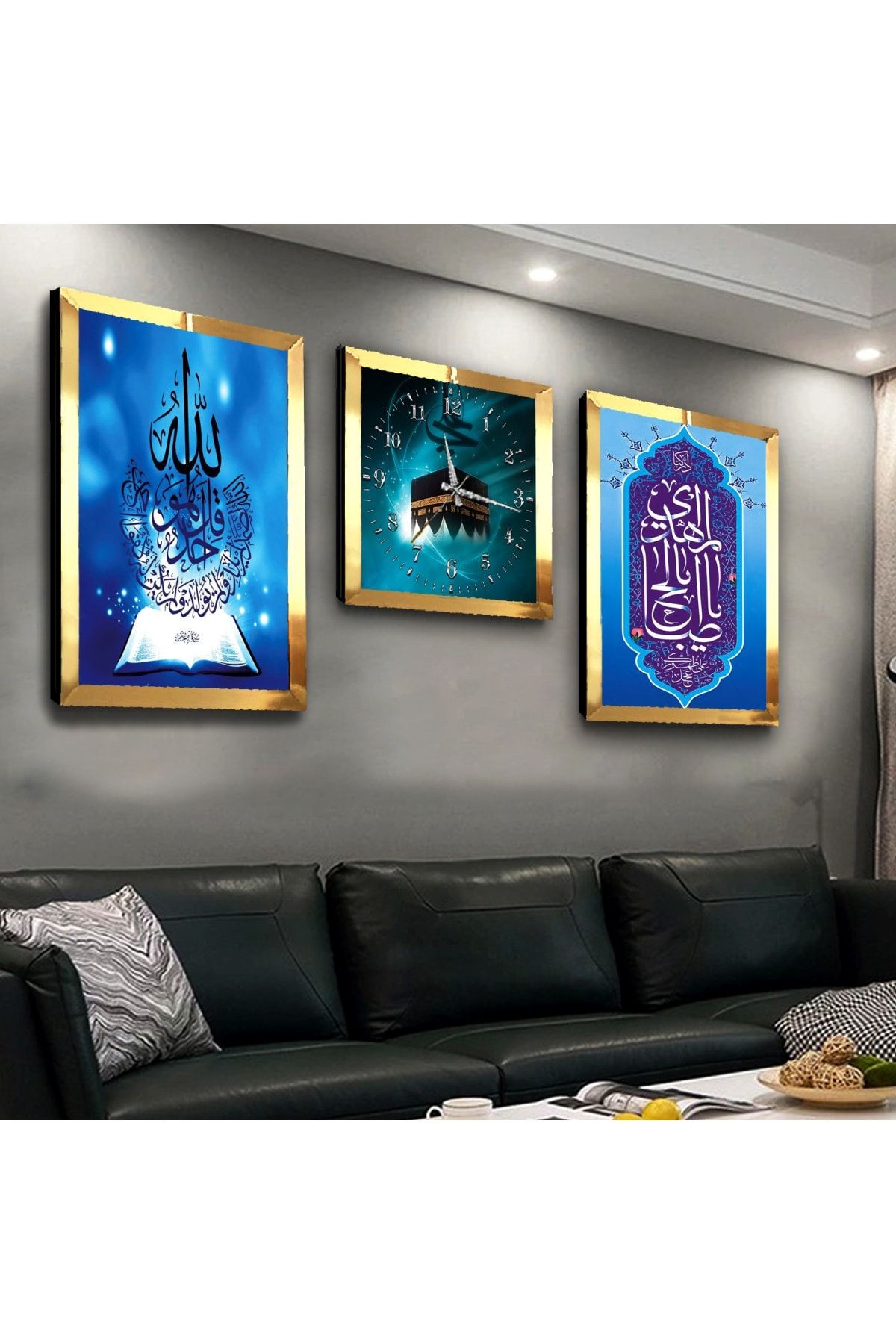 Allah Lafzı Ve Kabe Dini Pleksi Kenar Üçlü Mdf Tablo Seti Ve Saat Seti