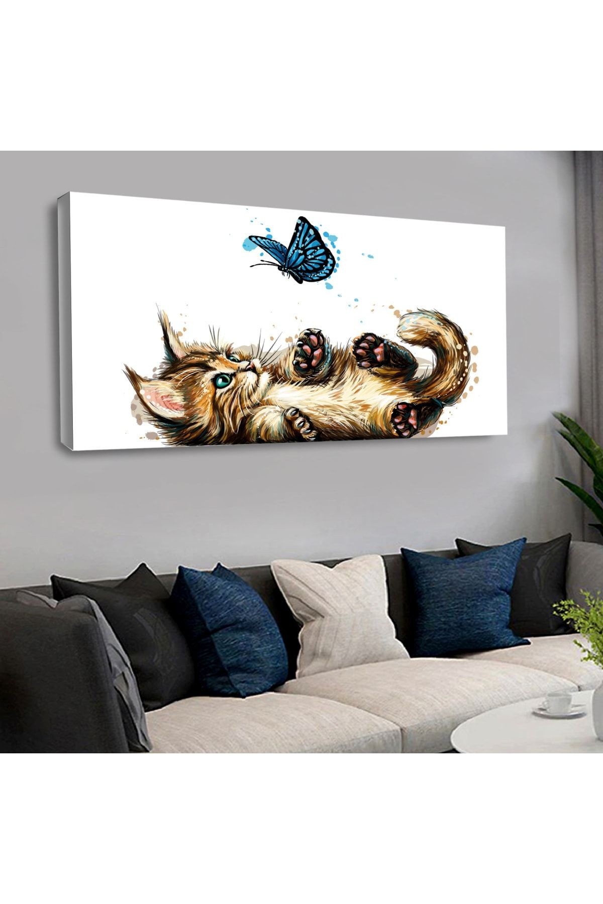 120 X 60 Saatli Kanvas Sevimli Kedi Tablo