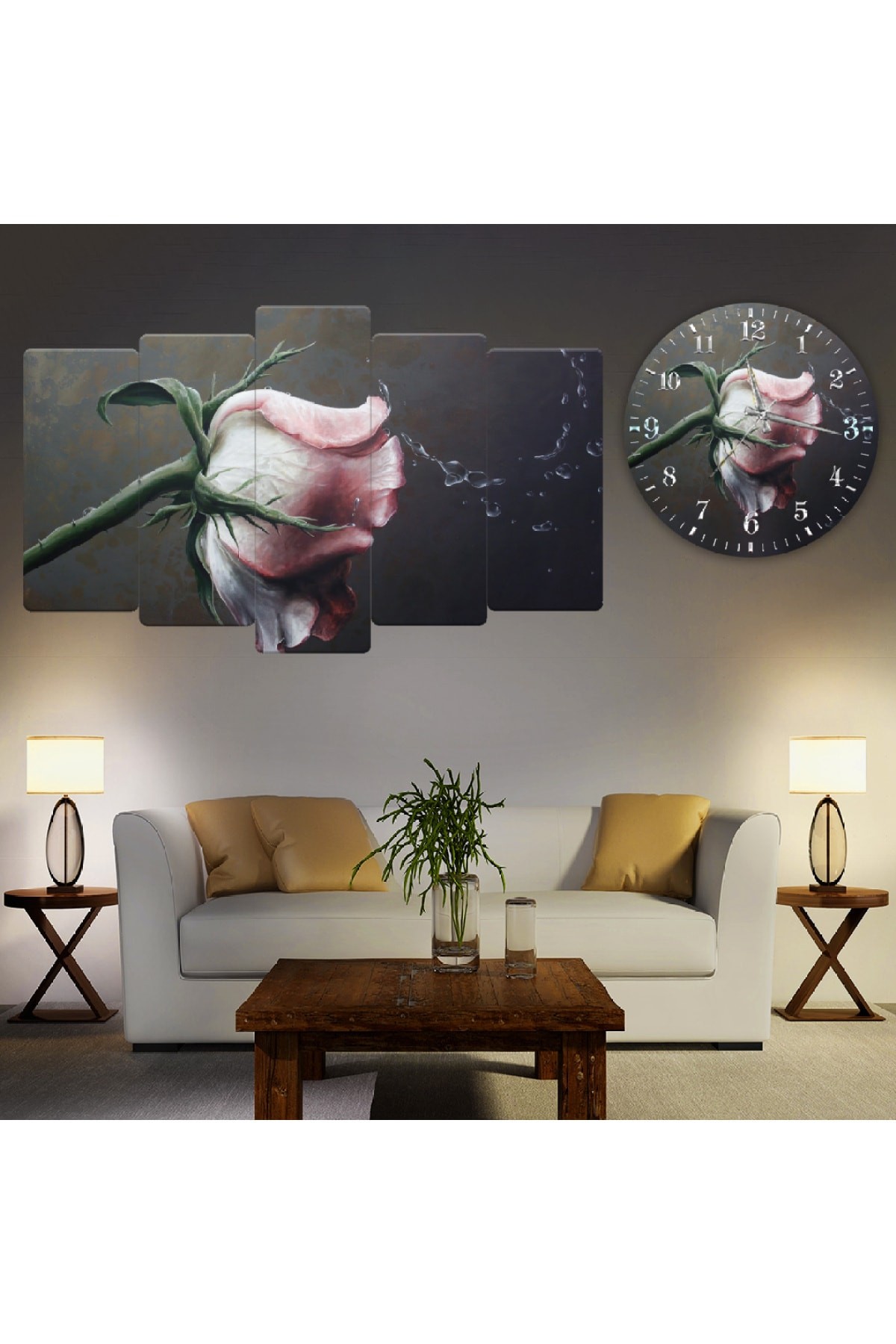 5 Parça Pembe Gül Solmaz MDF Tablo Ve Saat Kombin