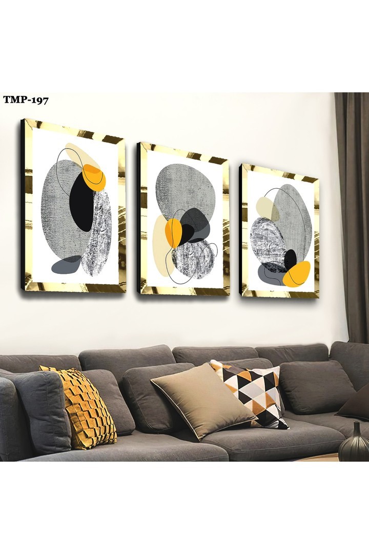 Oturma Odası Tablosu Kolaj Çizim Gold Pleksili Saat Ve Solmaz MDF Tablo