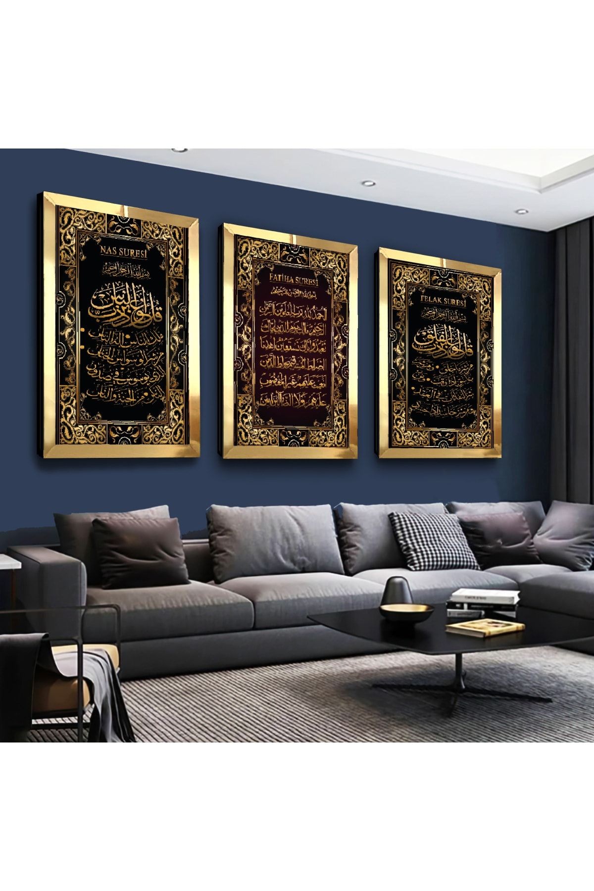 Gold Aynalı Pleksi Çerçeveli Fatiha, Nas, Felak Suresi Dini Üçlü Mdf Tablo Seti