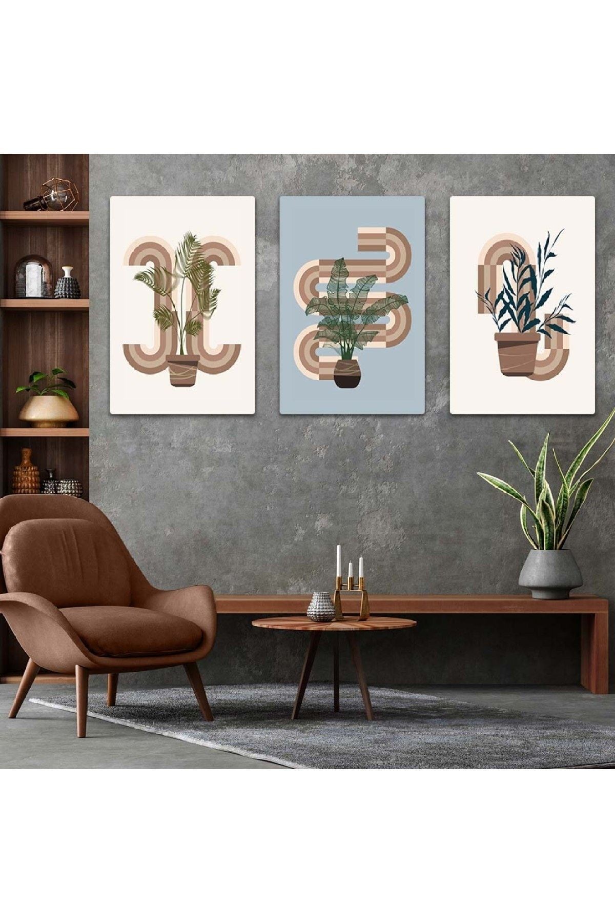 Minimalist Çiçek Soyut Desen 3'lü Mdf Tablo Set