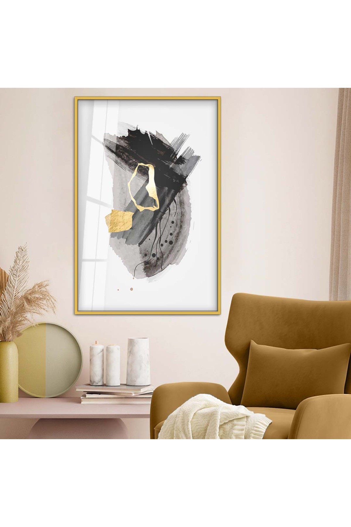Minimal Huzur Soyut Tema Modern Çizim Metal Çerçeveli UV Baskı Kırılmaz Cam Tablo