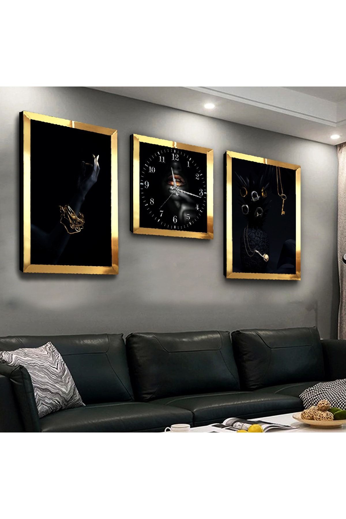 Gold Aynalı Pleksi Çerçeveli Siyahi Kadın Üçlü Mdf Tablo Seti Ve Saat Seti