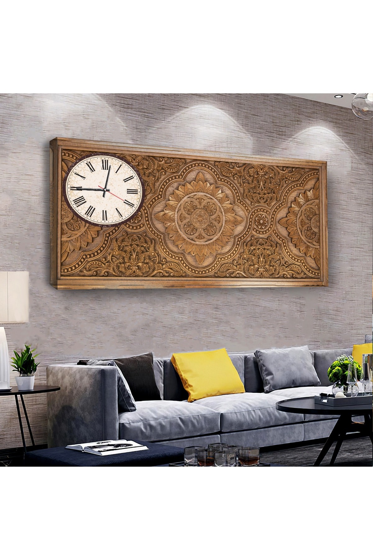 Oyma Motifli saatliAhşap Şase Dijital Baskı Kanvas Tablo 100X50Cm