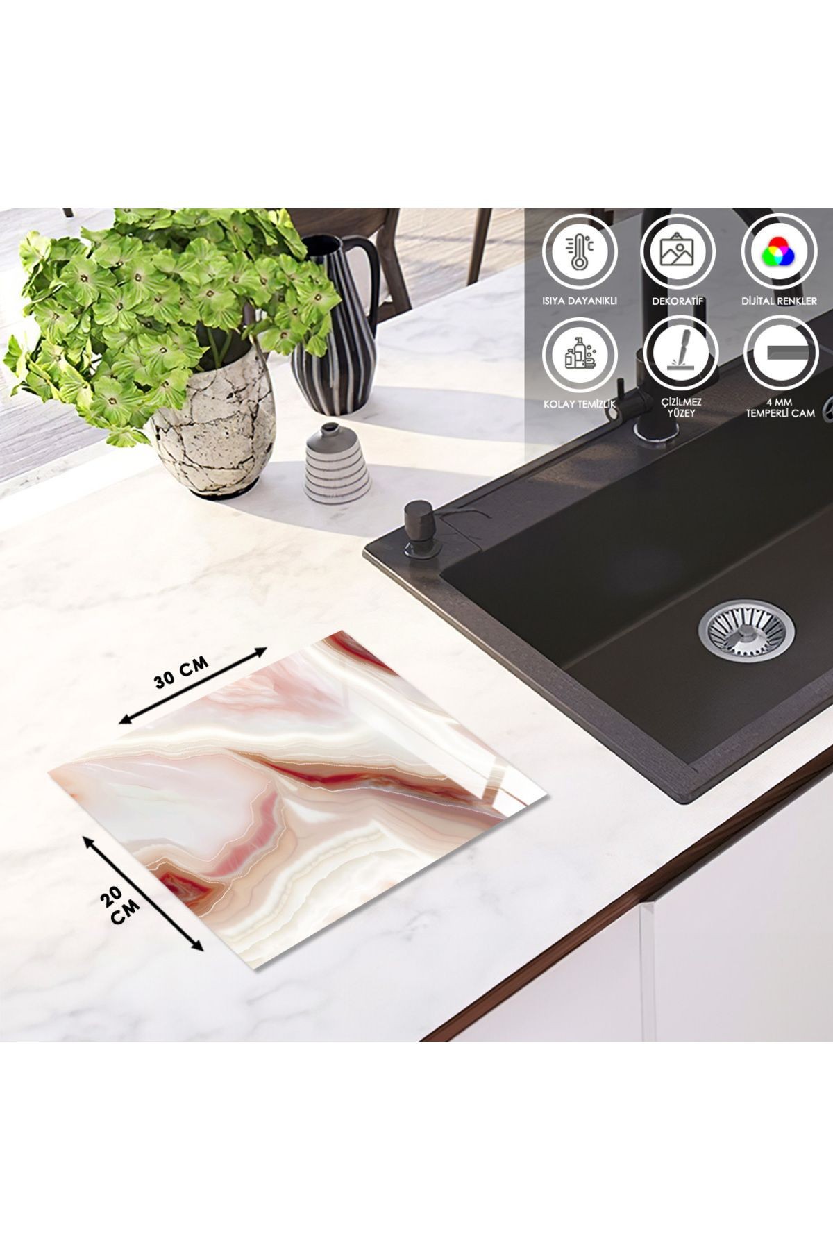 Cam Kesme Tahtası Pembe Tonlu Mermer Desenli