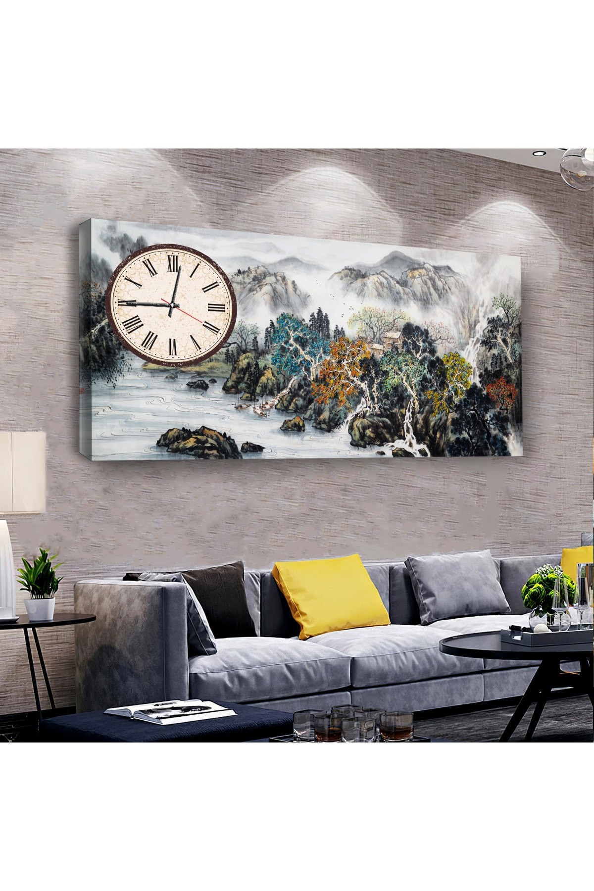 Ofis Tablosu Orman Manzara saatliAhşap Şase Dijital Baskı Kanvas Tablo 100X50Cm